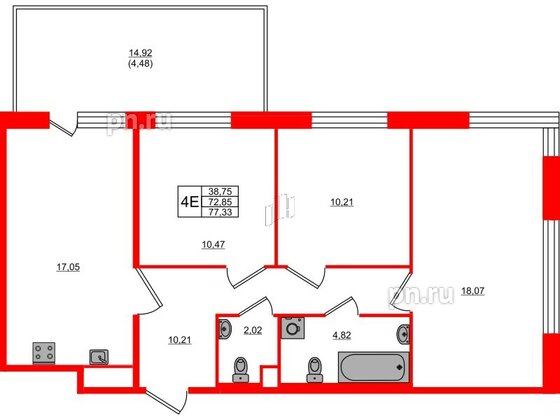 Квартира в ЖК Plus Пулковский, 3 комнатная, 77.33 м², 1 этаж