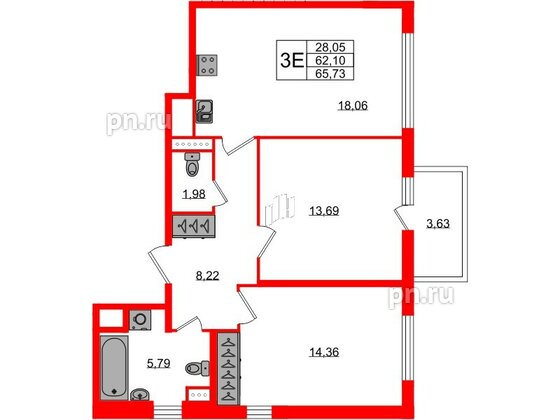 Квартира в ЖК ЯСНО.ЯНИНО, 2 комнатная, 62.1 м², 2 этаж