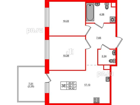 Квартира в ЖК Plus Пулковский, 2 комнатная, 54.42 м², 1 этаж