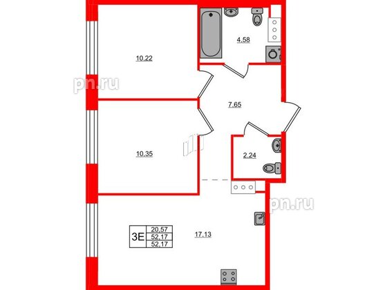 Квартира в ЖК Plus Пулковский, 2 комнатная, 52.17 м², 2 этаж