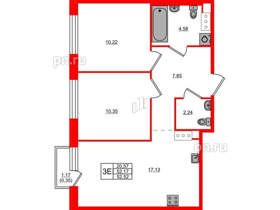 Квартира в ЖК Plus Пулковский, 2 комнатная, 52.52 м², 5 этаж