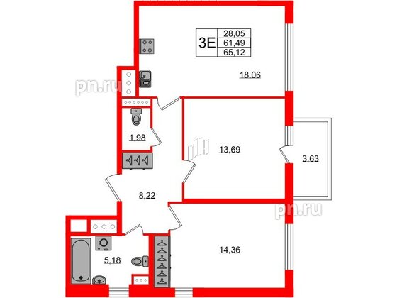 Квартира в ЖК ЯСНО.ЯНИНО, 2 комнатная, 61.49 м², 3 этаж