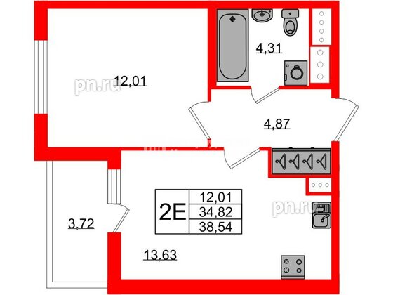 Квартира в ЖК ЯСНО.ЯНИНО, 1 комнатная, 34.82 м², 3 этаж