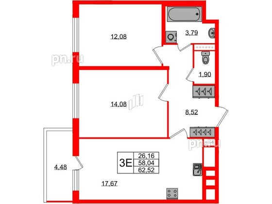 Квартира в ЖК ЯСНО.ЯНИНО, 2 комнатная, 58.04 м², 2 этаж