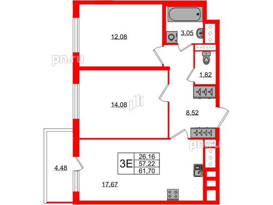 Квартира в ЖК ЯСНО.ЯНИНО, 2 комнатная, 57.22 м², 3 этаж