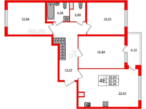 Квартира в ЖК ЯСНО.ЯНИНО, 3 комнатная, 82.54 м², 2 этаж