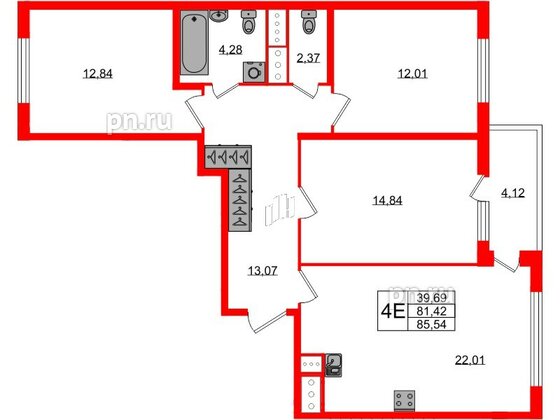 Квартира в ЖК ЯСНО.ЯНИНО, 3 комнатная, 81.42 м², 3 этаж