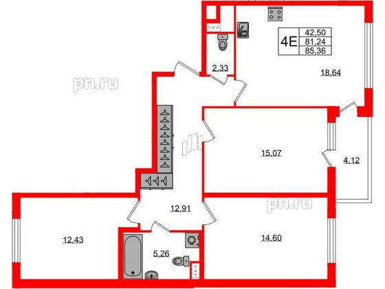 Квартира в ЖК ЯСНО.ЯНИНО, 3 комнатная, 81.24 м², 2 этаж