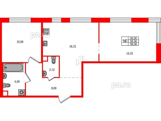 Квартира в ЖК Plus Пулковский, 2 комнатная, 58.38 м², 1 этаж