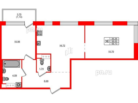 Квартира в ЖК Plus Пулковский, 2 комнатная, 59.13 м², 2 этаж