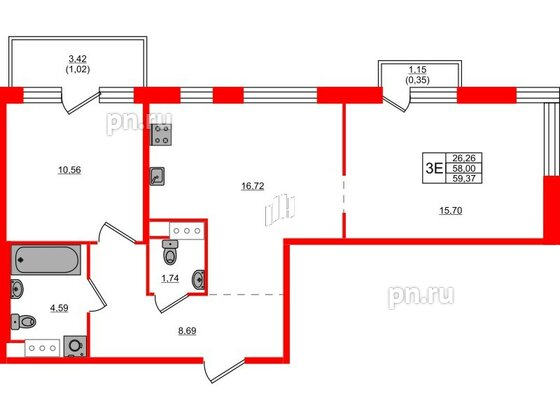 Квартира в ЖК Plus Пулковский, 2 комнатная, 59.37 м², 5 этаж