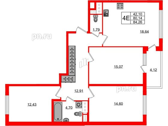 Квартира в ЖК ЯСНО.ЯНИНО, 3 комнатная, 80.14 м², 3 этаж