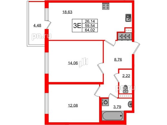 Квартира в ЖК ЯСНО.ЯНИНО, 2 комнатная, 59.54 м², 2 этаж