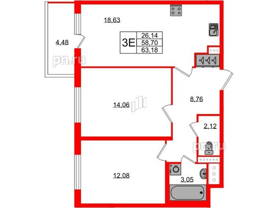 Квартира в ЖК ЯСНО.ЯНИНО, 2 комнатная, 58.7 м², 3 этаж