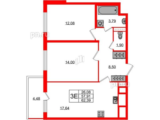 Квартира в ЖК ЯСНО.ЯНИНО, 2 комнатная, 57.91 м², 2 этаж