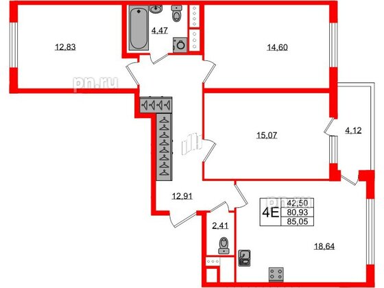 Квартира в ЖК ЯСНО.ЯНИНО, 3 комнатная, 80.93 м², 2 этаж