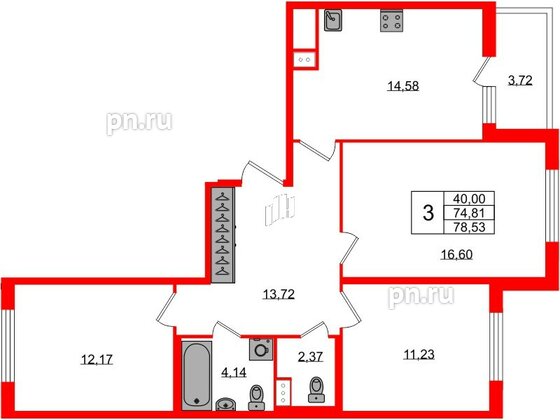 Квартира в ЖК ЯСНО.ЯНИНО, 3 комнатная, 74.81 м², 2 этаж