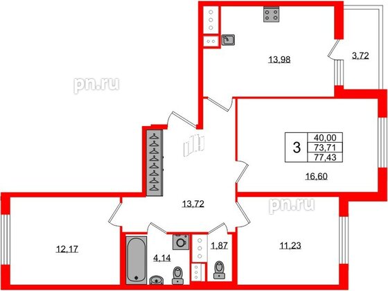 Квартира в ЖК ЯСНО.ЯНИНО, 3 комнатная, 73.71 м², 3 этаж