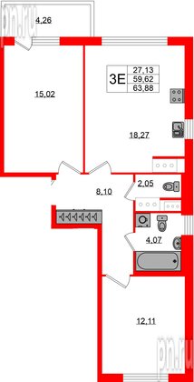 Квартира в ЖК ЯСНО.ЯНИНО, 2 комнатная, 59.62 м², 2 этаж