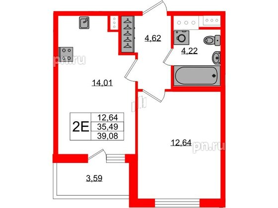 Квартира в ЖК ЯСНО.ЯНИНО, 1 комнатная, 35.49 м², 3 этаж