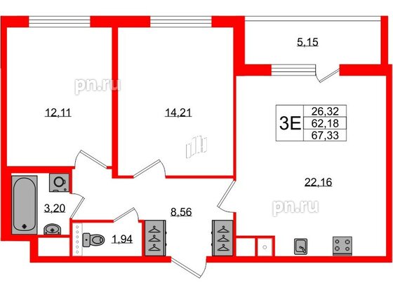 Квартира в ЖК ЯСНО.ЯНИНО, 2 комнатная, 62.18 м², 1 этаж