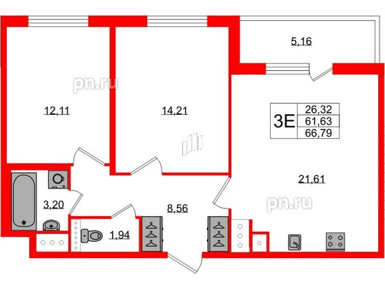 Квартира в ЖК ЯСНО.ЯНИНО, 2 комнатная, 61.63 м², 3 этаж