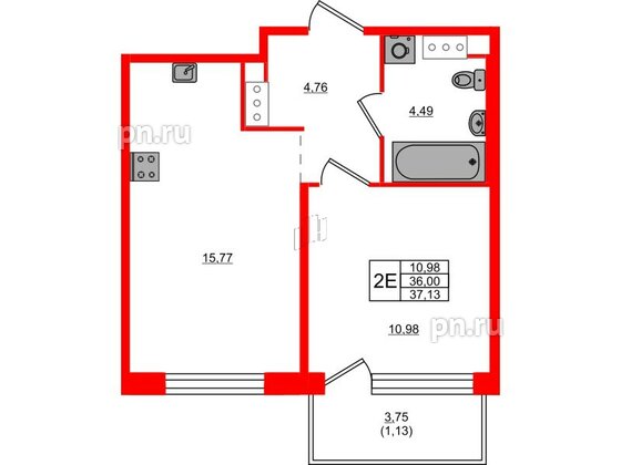 Квартира в ЖК Plus Пулковский, 1 комнатная, 37.13 м², 2 этаж