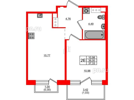 Квартира в ЖК Plus Пулковский, 1 комнатная, 37.33 м², 5 этаж