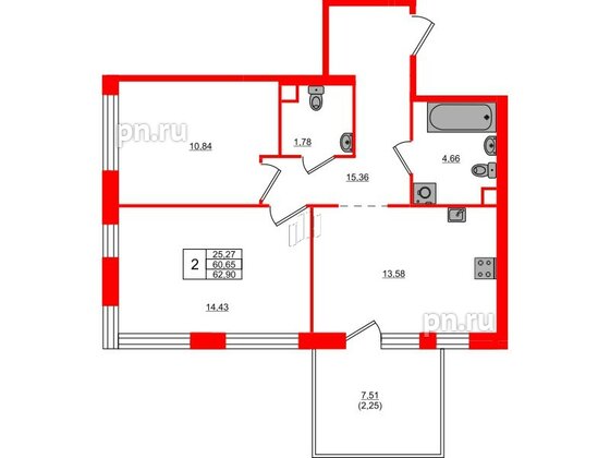 Квартира в ЖК Plus Пулковский, 2 комнатная, 62.9 м², 1 этаж