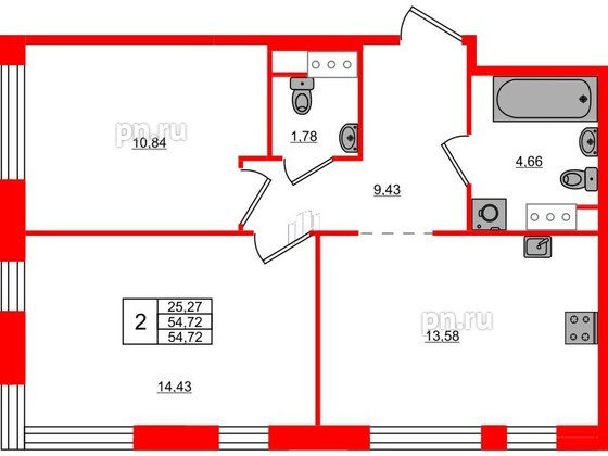 Квартира в ЖК Plus Пулковский, 2 комнатная, 54.72 м², 3 этаж