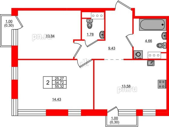 Квартира в ЖК Plus Пулковский, 2 комнатная, 55.32 м², 5 этаж