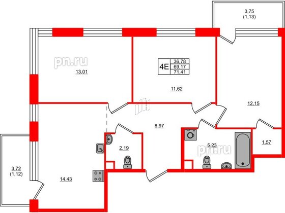 Квартира в ЖК Plus Пулковский, 3 комнатная, 71.41 м², 2 этаж