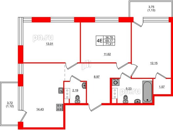 Квартира в ЖК Plus Пулковский, 3 комнатная, 71.41 м², 3 этаж