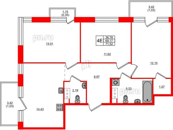 Квартира в ЖК Plus Пулковский, 3 комнатная, 71.52 м², 5 этаж