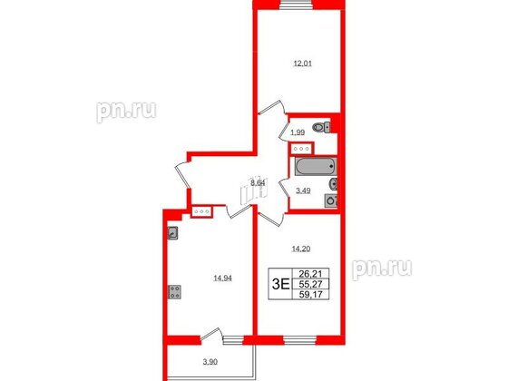 Квартира в ЖК ПАТИО. Уютный квартал., 2 комнатная, 55.27 м², 2 этаж