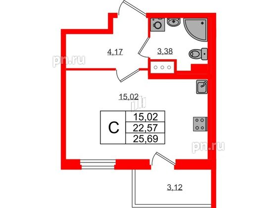 Квартира в ЖК ПАТИО. Уютный квартал., студия, 22.57 м², 2 этаж