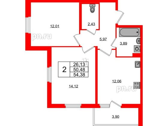 Квартира в ЖК ПАТИО. Уютный квартал., 2 комнатная, 50.48 м², 1 этаж