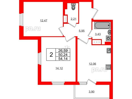 Квартира в ЖК ПАТИО. Уютный квартал., 2 комнатная, 50.24 м², 3 этаж