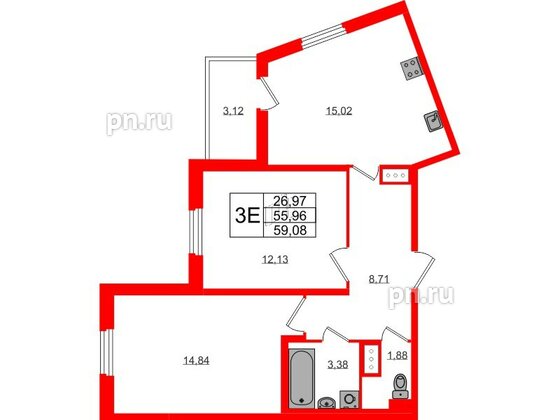 Квартира в ЖК ПАТИО. Уютный квартал., 2 комнатная, 55.96 м², 2 этаж