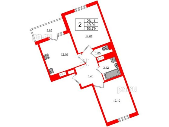 Квартира в ЖК ПАТИО. Уютный квартал., 2 комнатная, 49.94 м², 3 этаж