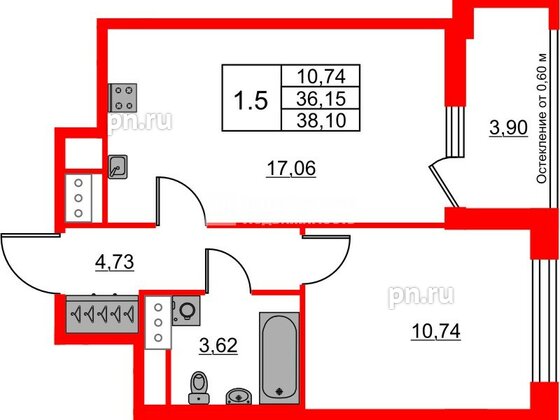 Квартира в ЖК «Город звёзд», 1 комнатная, 36.15 м², 12 этаж