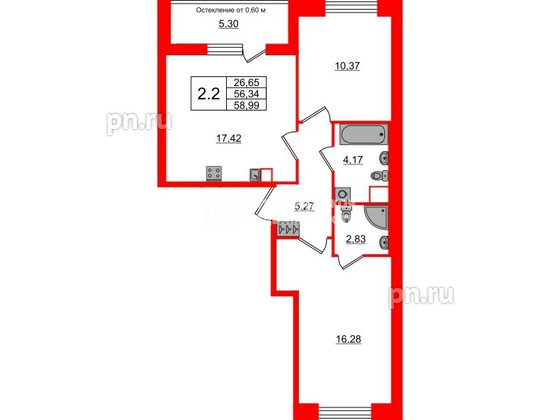 Квартира в ЖК «Город звёзд», 2 комнатная, 56.34 м², 1 этаж