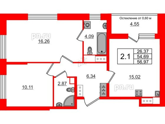 Квартира в ЖК «Город звёзд», 2 комнатная, 54.69 м², 16 этаж