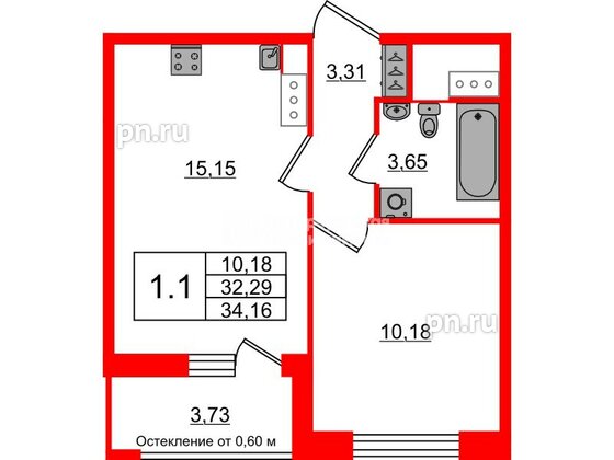 Квартира в ЖК «Город звёзд», 1 комнатная, 32.29 м², 2 этаж