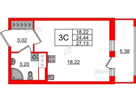 Квартира в ЖК «Город звёзд», студия, 24.44 м², 4 этаж