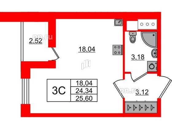 Квартира в ЖК «Город звёзд», студия, 24.34 м², 9 этаж