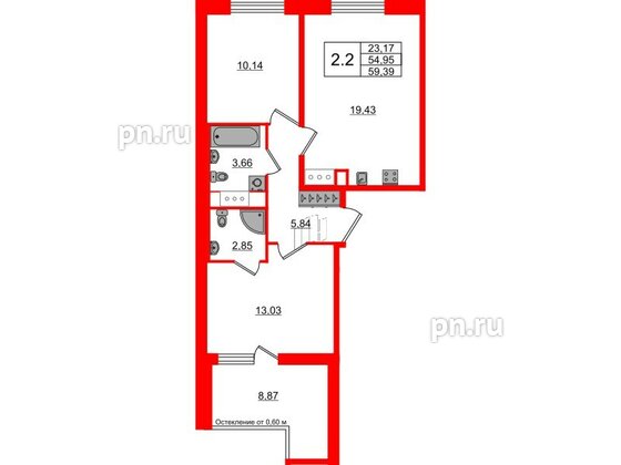 Квартира в ЖК «Город звёзд», 2 комнатная, 54.95 м², 20 этаж