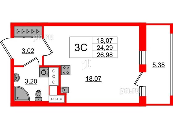 Квартира в ЖК «Город звёзд», студия, 24.29 м², 21 этаж