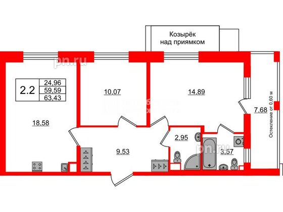 Квартира в ЖК «Город звёзд», 2 комнатная, 59.59 м², 1 этаж