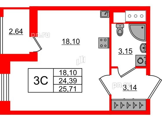 Квартира в ЖК «Город звёзд», студия, 24.39 м², 16 этаж